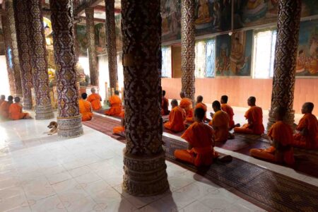 Khmer Theravada Buddhist monks during a meditation session at Som Rong Pagoda, Soc Trang province, Vietnam.
The Mekong Delta region in Vietnam is a culturally diverse area, primarily inhabited by Vietnamese (Kinh), Khmer, Hoa (Chinese), and Cham ethnic groups. While the Kinh are the majority, the Khmer represent a significant, long-settled indigenous community, contributing to the distinct cultural identity and agricultural practices of the southern delta.